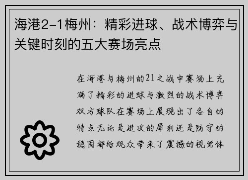 海港2-1梅州：精彩进球、战术博弈与关键时刻的五大赛场亮点