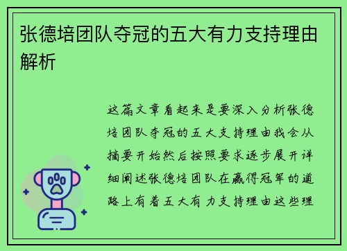 张德培团队夺冠的五大有力支持理由解析